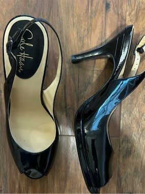 Cole Haan Black Patent Slingback Peep Toe Heels